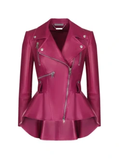 Womens Pink Peplum Leather Jacket Main