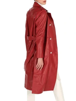 Womens Red Leather Trench Coat Double Breasted Back