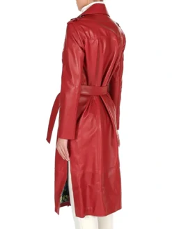 Womens Red Leather Trench Coat Double Breasted Belted