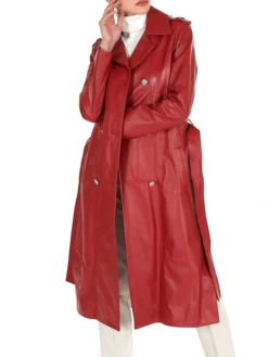 Womens Red Leather Trench Coat Double Breasted Closure