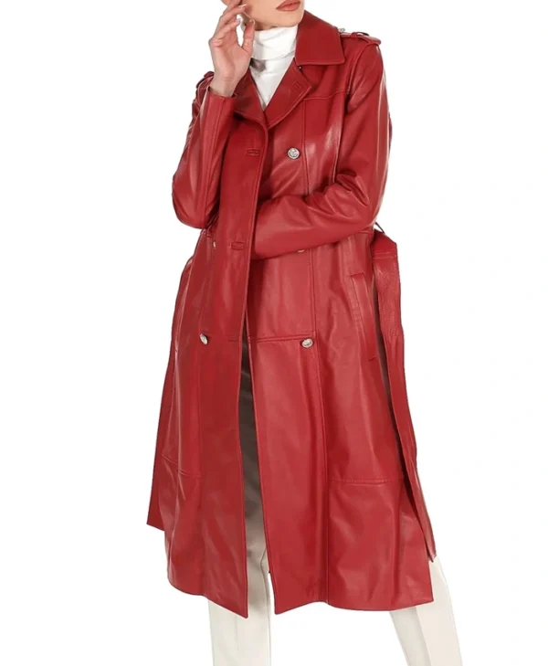 Womens Red Leather Trench Coat Double Breasted Closure