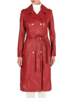 Womens Red Leather Trench Coat Double Breasted Front