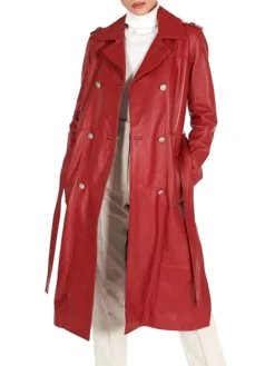 Womens Red Leather Trench Coat Double Breasted Main