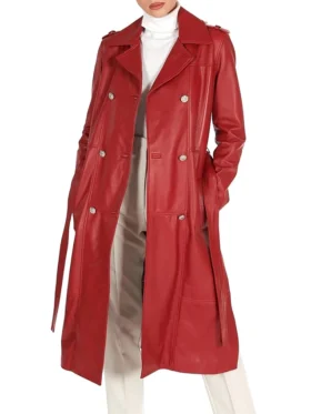 Women's Red Leather Trench Coat Double Breasted Main