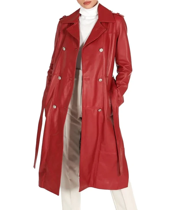 Womens Red Leather Trench Coat Double Breasted Main