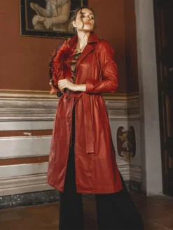Womens Red Leather Trench Coat Double Breasted Model