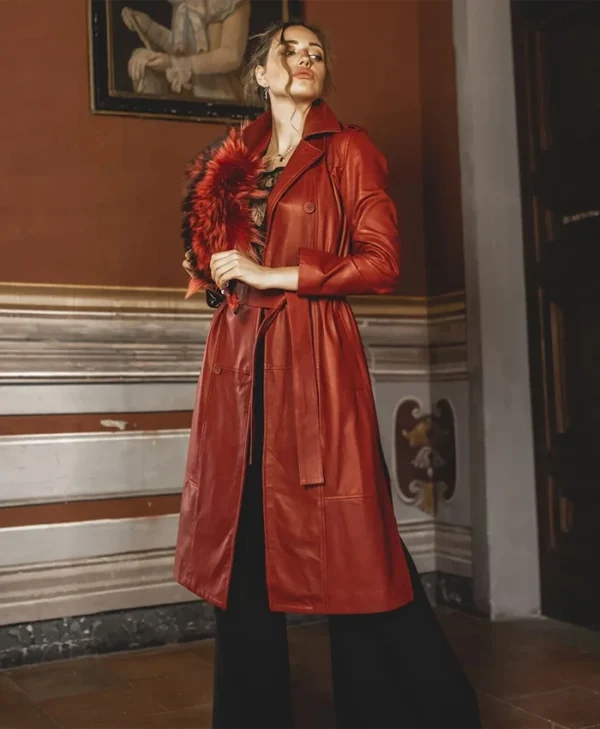 Womens Red Leather Trench Coat Double Breasted Model