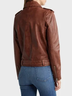 Womens Stylish Leather Biker Jacket Brown Back