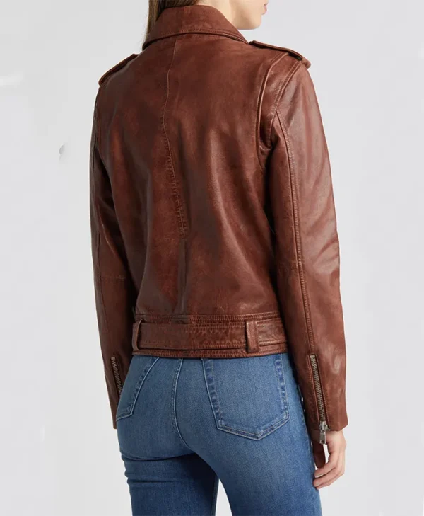 Womens Stylish Leather Biker Jacket Brown Back