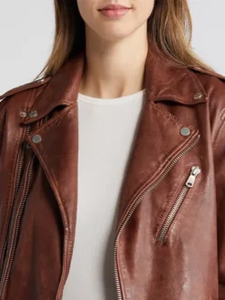 Womens Stylish Leather Biker Jacket Brown Collar