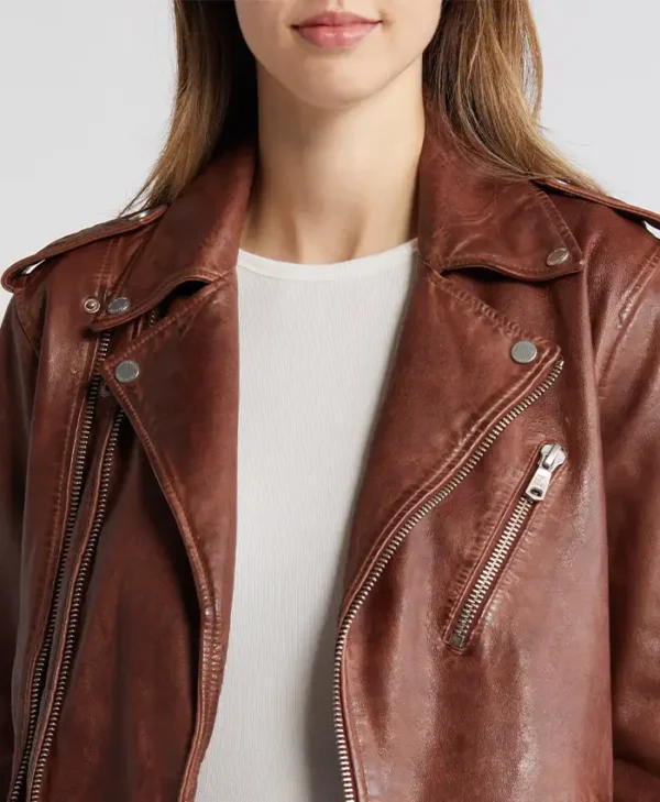 Womens Stylish Leather Biker Jacket Brown Collar