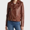 Womens Stylish Leather Biker Jacket Brown Front