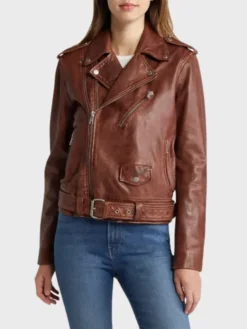 Womens Stylish Leather Biker Jacket Brown Front