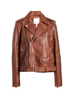 Womens Stylish Leather Biker Jacket Brown Front