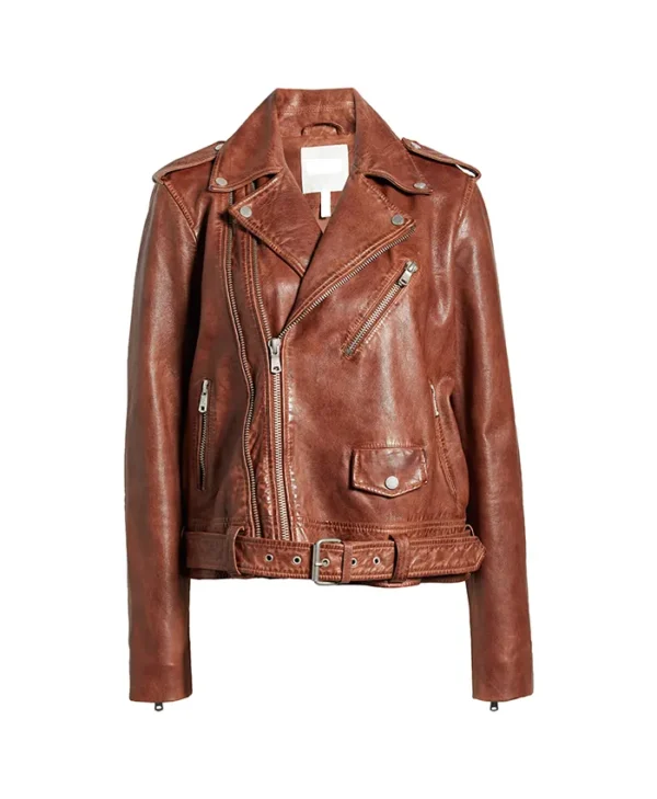Womens Stylish Leather Biker Jacket Brown Front