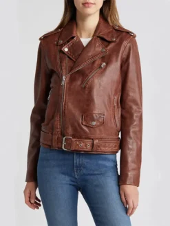 Womens Stylish Leather Biker Jacket Brown Main