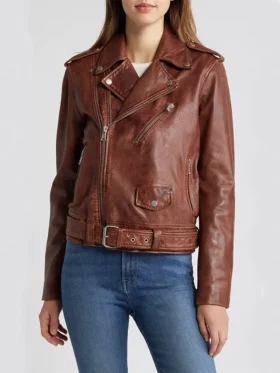 Womens Stylish Leather Biker Jacket Brown Main