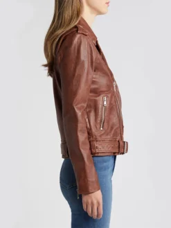 Womens Stylish Leather Biker Jacket Brown Side