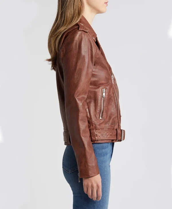 Womens Stylish Leather Biker Jacket Brown Side