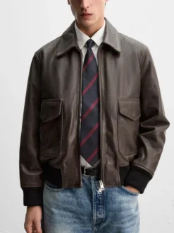 A2 Brown Leather Bomber Jacket Mens Pockets