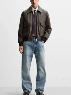 A2 Brown Leather Bomber Jacket Stand Up
