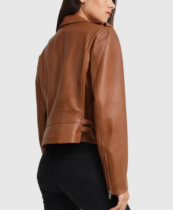 Asymmetrical Ladies Brown Leather Biker Jacket Back
