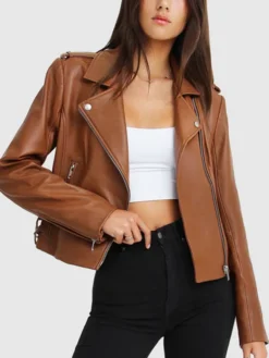 Asymmetrical Ladies Brown Leather Biker Jacket Main