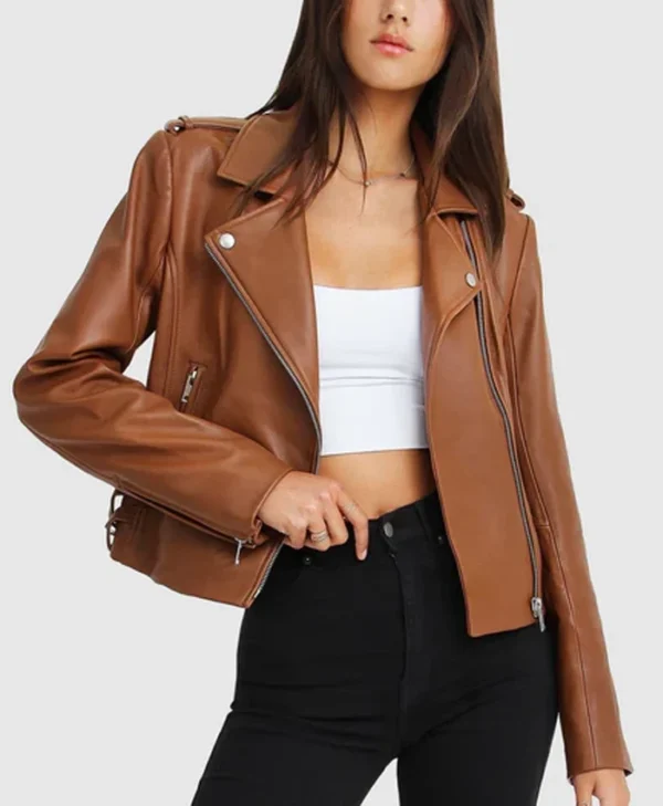 Asymmetrical Ladies Brown Leather Biker Jacket Main