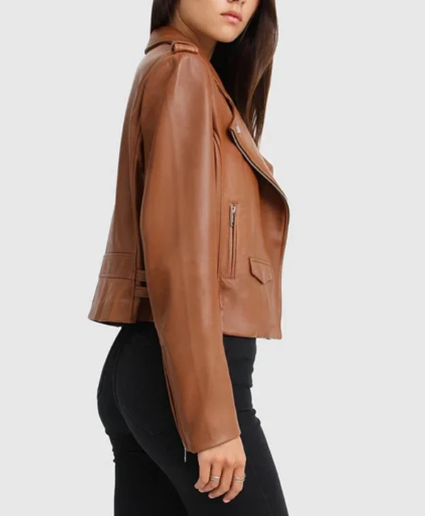 Asymmetrical Ladies Brown Leather Biker Jacket Side