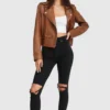 Asymmetrical Ladies Brown Leather Biker Jacket Stand Up