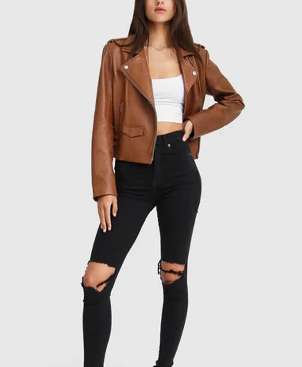 Asymmetrical Ladies Brown Leather Biker Jacket Stand Up
