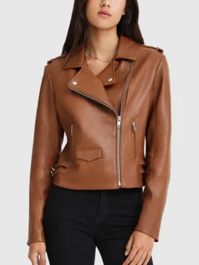 Asymmetrical Ladies Brown Leather Biker Jacket Zipper