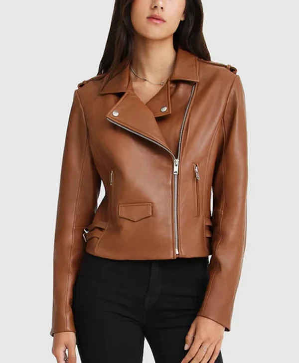 Asymmetrical Ladies Brown Leather Biker Jacket Zipper