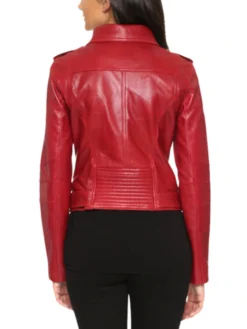 Asymmetrical Red Biker Leather Jacket For Womens Back