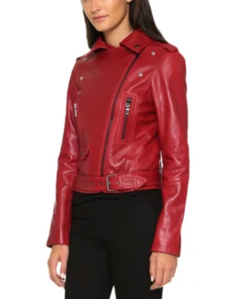 Asymmetrical Red Biker Leather Jacket For Womens Side