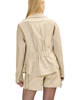 Asymmetrical Womens Beige Leather Biker Jacket Back
