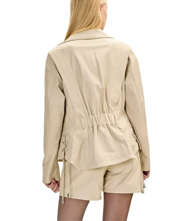 Asymmetrical Womens Beige Leather Biker Jacket Back