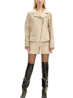 Asymmetrical Womens Beige Leather Biker Jacket Front