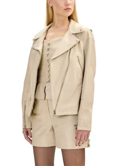 Asymmetrical Womens Beige Leather Biker Jacket Main