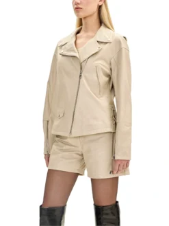 Asymmetrical Womens Beige Leather Biker Jacket Side