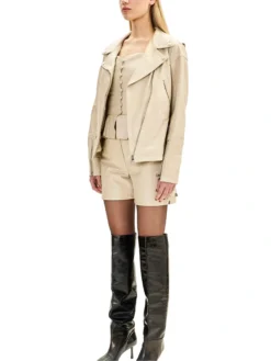 Asymmetrical Womens Beige Leather Biker Jacket Stand Up