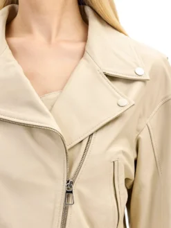 Asymmetrical Womens Beige Leather Biker Jacket Zipper