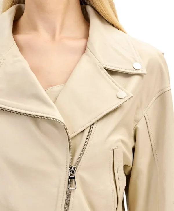 Asymmetrical Womens Beige Leather Biker Jacket Zipper