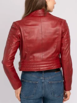 Asymmetrical Womens Red Leather Biker Jacket Back