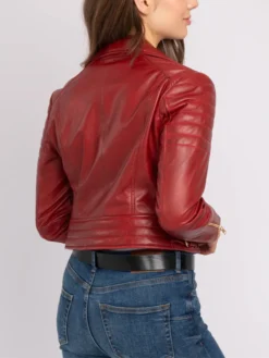 Asymmetrical Womens Red Leather Biker Jacket Backside