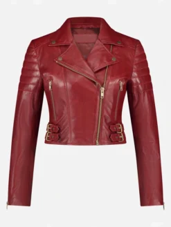 Asymmetrical Womens Red Leather Biker Jacket Front