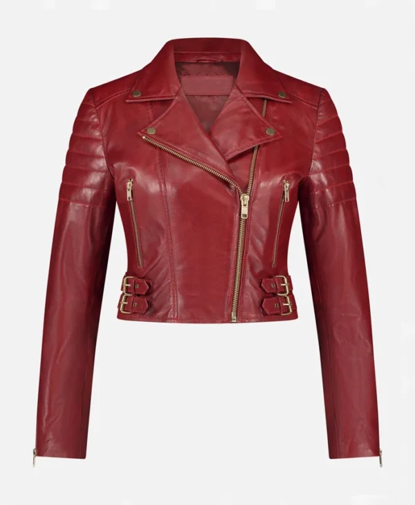 Asymmetrical Womens Red Leather Biker Jacket Front