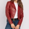 Asymmetrical Womens Red Leather Biker Jacket Main