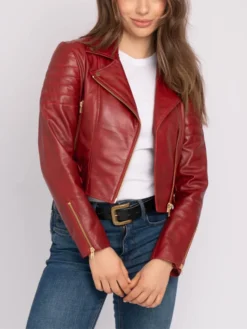Asymmetrical Womens Red Leather Biker Jacket Main