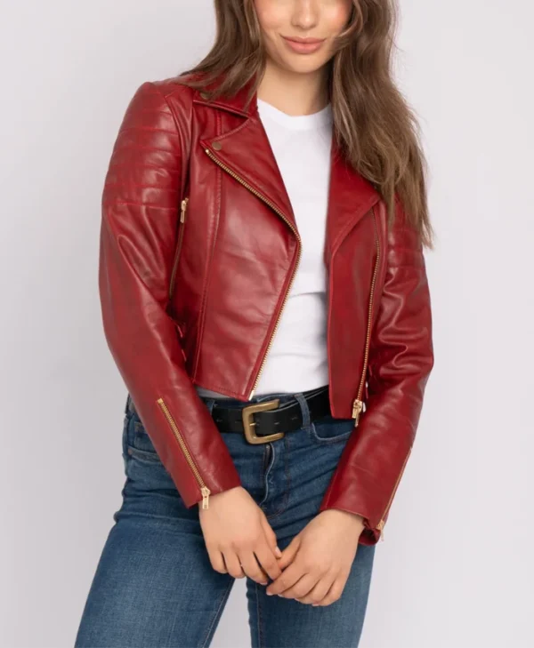 Asymmetrical Womens Red Leather Biker Jacket Main